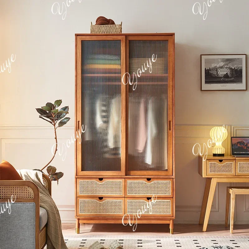 B3 XM Wabi Sandy Wind Solid Wood Double Door Wardrobe Bedroom Storage Locker Household Sliding Door Rattan Wardrobe Simple Small
