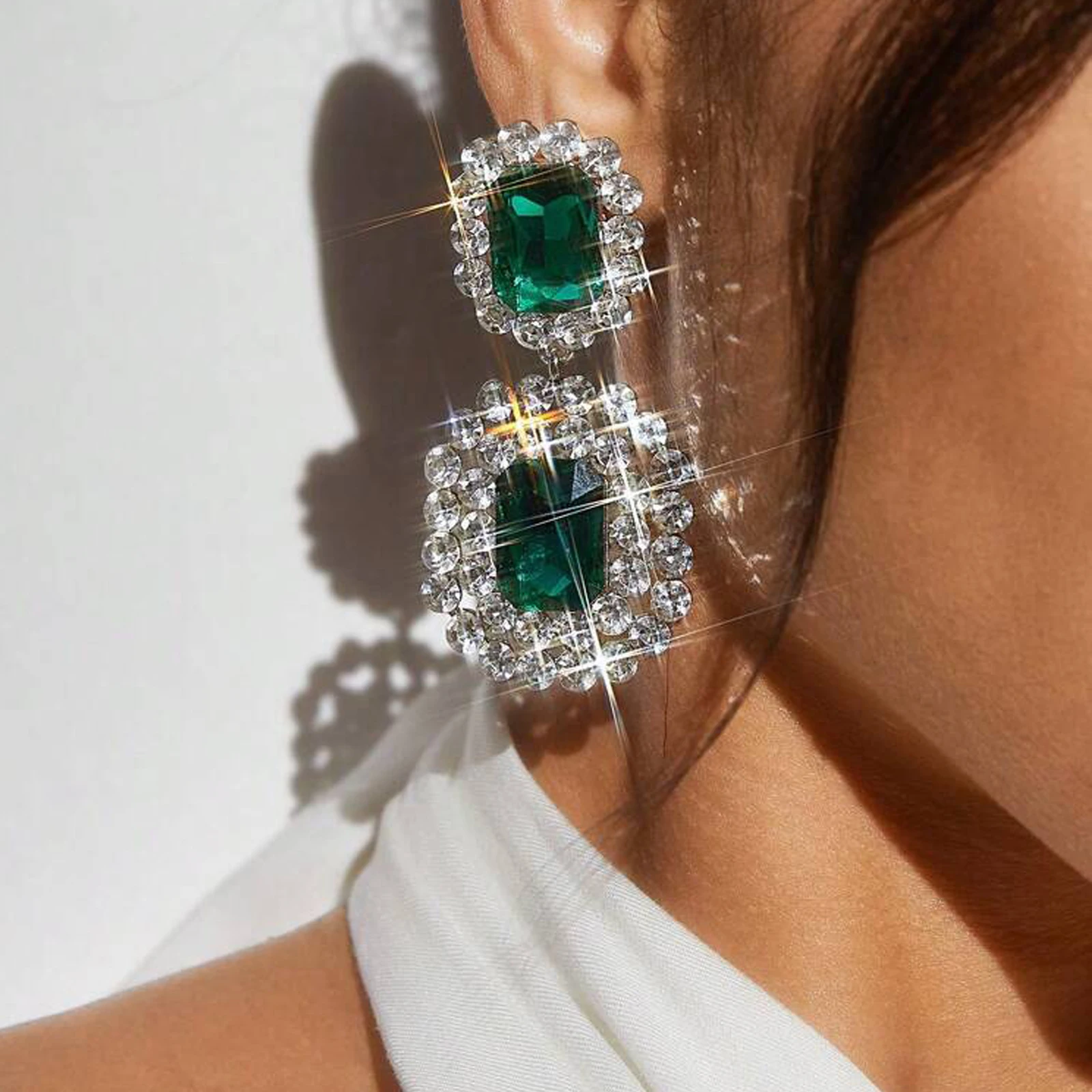 Luxury Shining Black Glass Drill Crystal Drop Earrings Sparkly Bold Geometric Double Square Rhinestone Dangle Earrings for Women