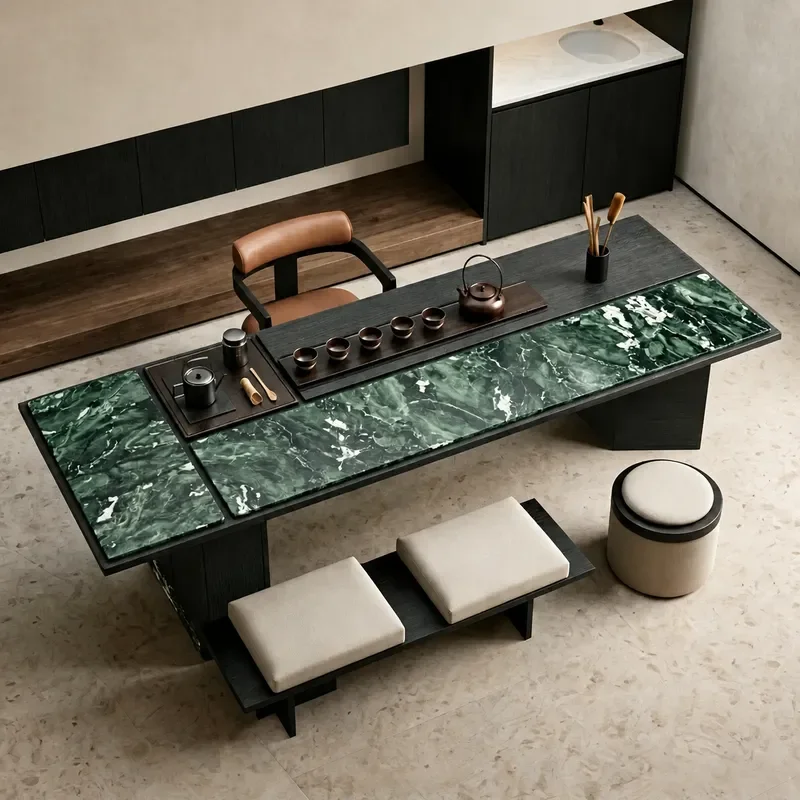 New Chinese Style Natural Marble Solid Wood Tea Table Green Office Living Room Mortise and Tenon Modern Simplicity