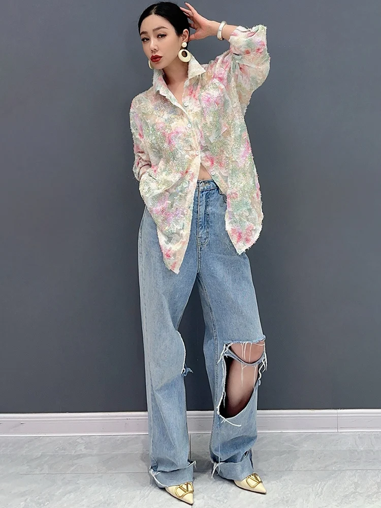 SHENGPALAE 2024 Summer New Butterfly Color Block Fashion Versatile Female Blouse Single Casual Large Women Shirt Clothes 5C1264