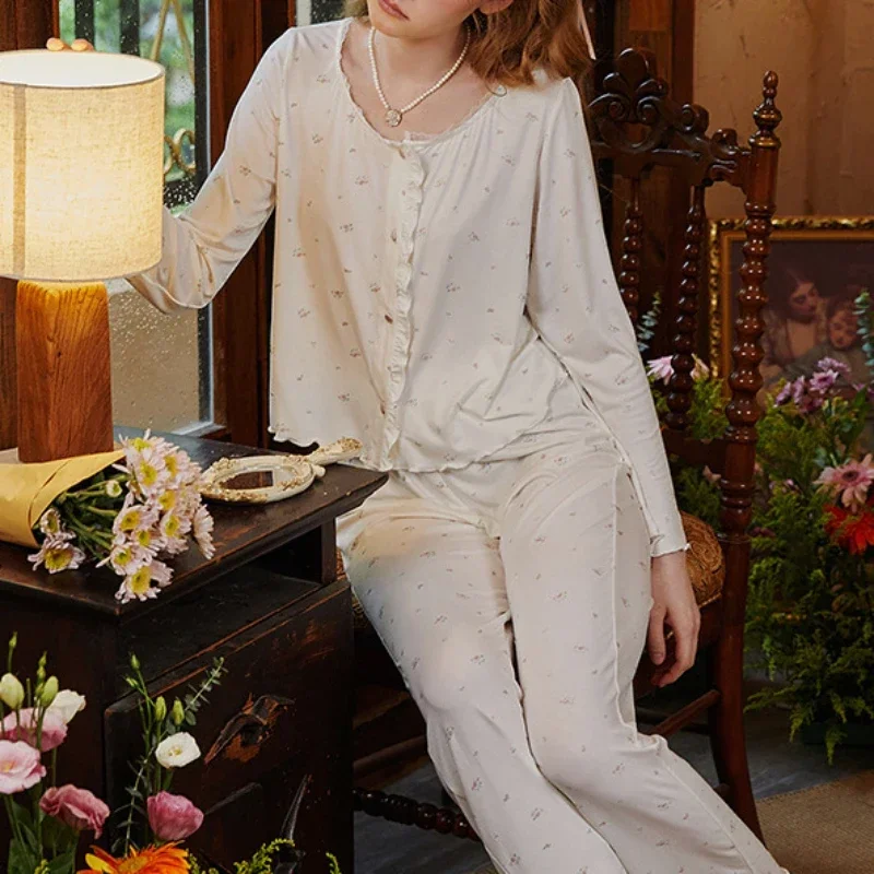 Vintage Print Pajama Sets Autumn Women Sweet Tops Pants Loungewear Fairy Modal Loose Lace Pajamas Princess Sleepwear Nightwear image 6