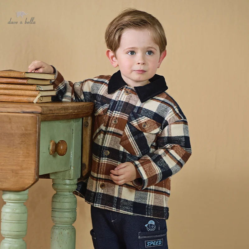 

Dave Bella Children's Coat Autumn Winter New Coffee Plaid Children's Jacket Cotton-padded Jacket For Kid Boys DB4242478