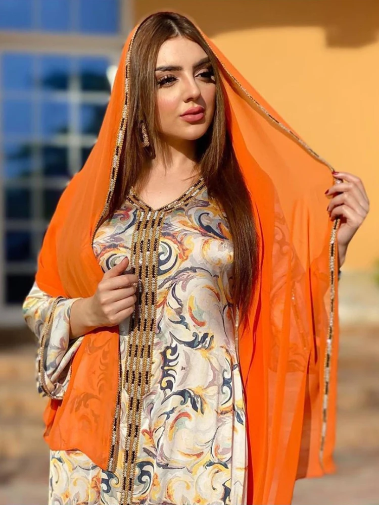 Eid Morocco Muslim Dress Women Floral Print Abaya Dubai Arabic Vestidos Long Kaftan Islamic Clothing Gown Robe 2022 Party Dress