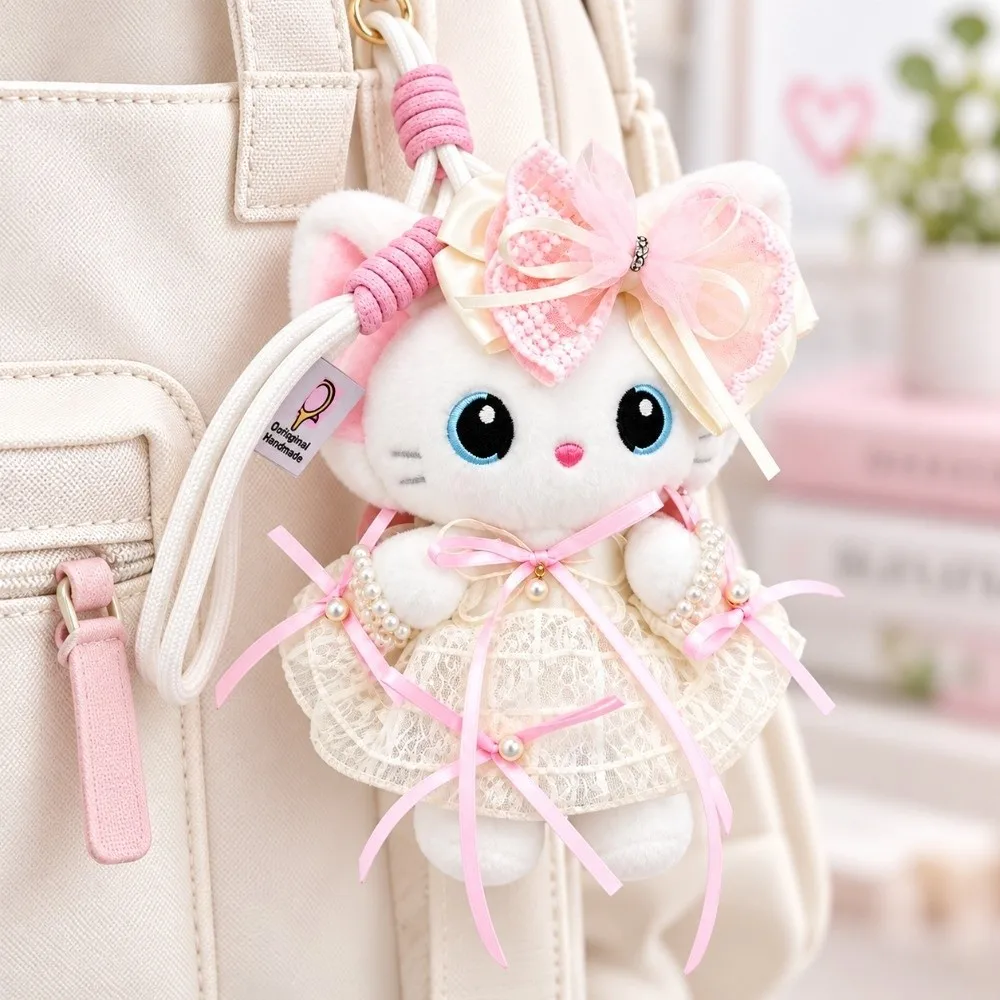 Lace Bowknot Plush Cat Keychain Soft Candy Color Dressed Kitten Pendant Princess Style Stuffed Desk Mascot Charm Desktop Decor