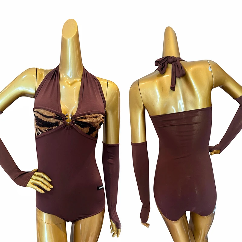 

Adult Latin Dance Clothes Women Cha Cha Rumba Samba Practice Wear Black V-Neck Halter Top Summer Sleeveless Bodysuit VBH2016