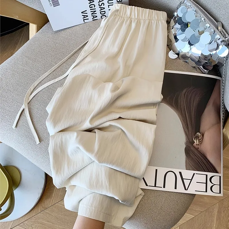 XIZOU Ice Silk Wide Leg Pants Women's Summer Thin Loose High Waist Qui Dry Straight Casual Sports Sun Protection Trousers
