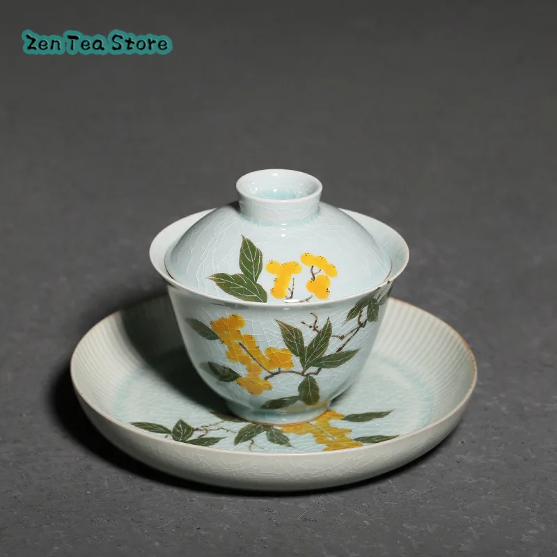 Ice Crepe Hand-painted Loquat Three Cover Bowl Household Under Glaze Color Ceramic Grasp Tea Bowl Retro Tea Set