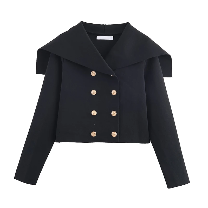 

YENKYE винтажная двубортная вязаная короткая куртка для женщин с широкими лацканами и длинными рукавами, осенне-зимнее черное пальто с запахом