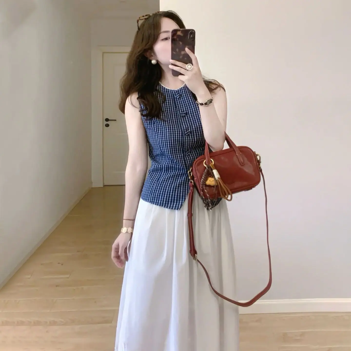 Women Clothing Summer Fashion Office Lady Simplicity All-match Fashionable Plaid Button O-neck Sleeveless Appear Thin Top