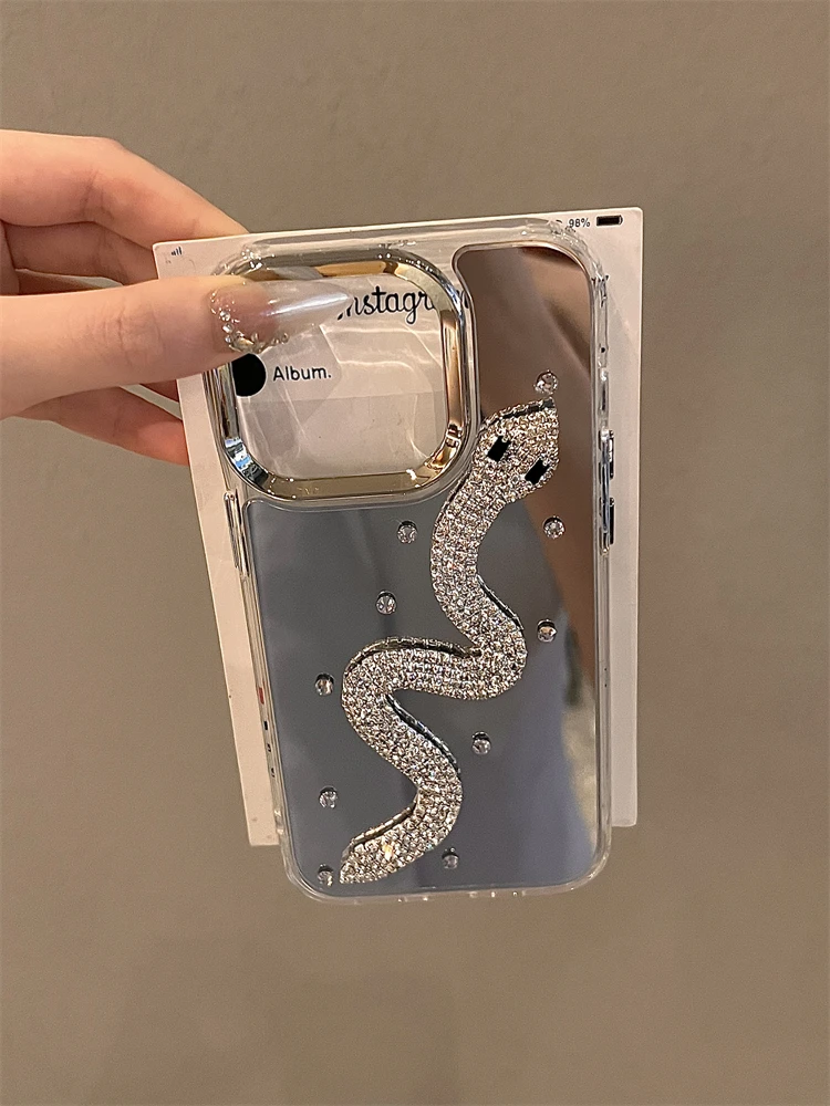 Luxury Glitter Diamond Mirror Phone Case For iPhone 16 14 13 12 11 15 Plus + Rhinestone Snake High Quality For iPhone16Pro Cover