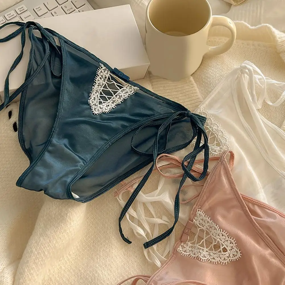 

Women's Sexy Strap Satin Panties Low Rise See Through Invisible Thongs Hollow Out Thin Mesh Sheer Briefs