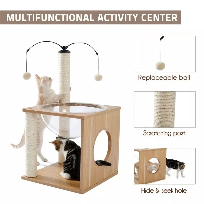 Wood Cat Tree House Tower Sisal Scratching Post Space Capsule