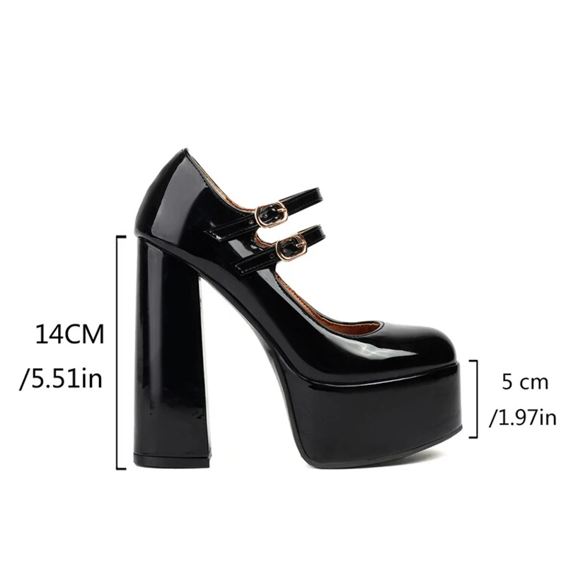 2024 New Mary Janes damskie czółenka buty z klocków o grubości 14cm 5cm lakierowana platforma dwie klamry duży rozmiar 41 43