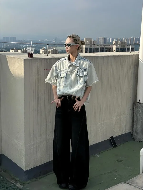 

Мужская летняя тонкая джинсовая рубашка Waed Distred American High Street с коротким рукавом, в стиле рабочей одежды, для верхней части тела