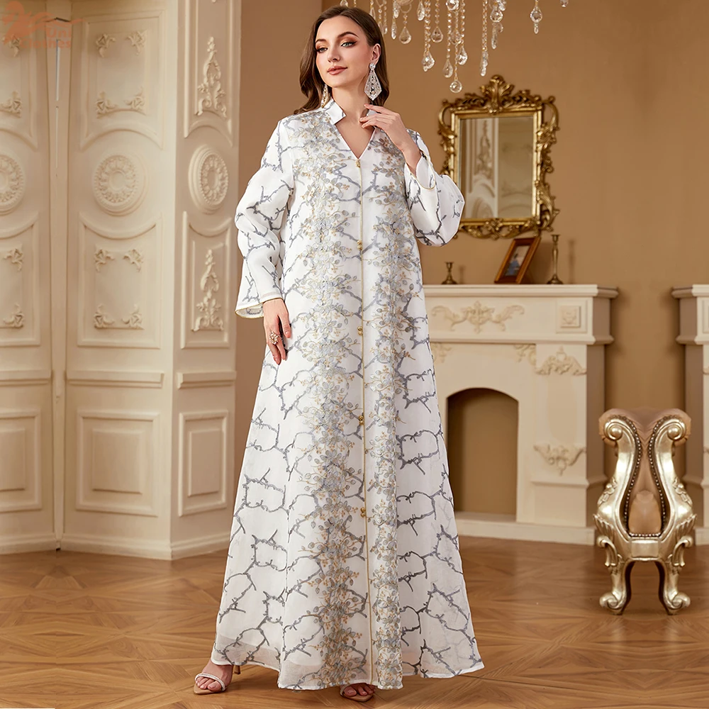 Uni musulmán bordado Maxi Abaya Dubai moda Kaftan de manga larga vestidos árabes para mujeres 2025