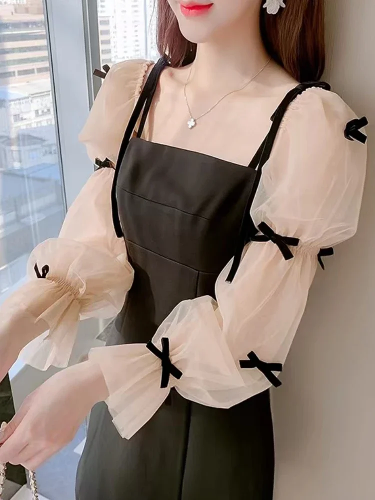 فستان سهرة بأكمام مضيئة للنساء أسود أنيق بفيونكة شبكية مرقعة فاخرة ومزاج سيدة شهيرة جمالية