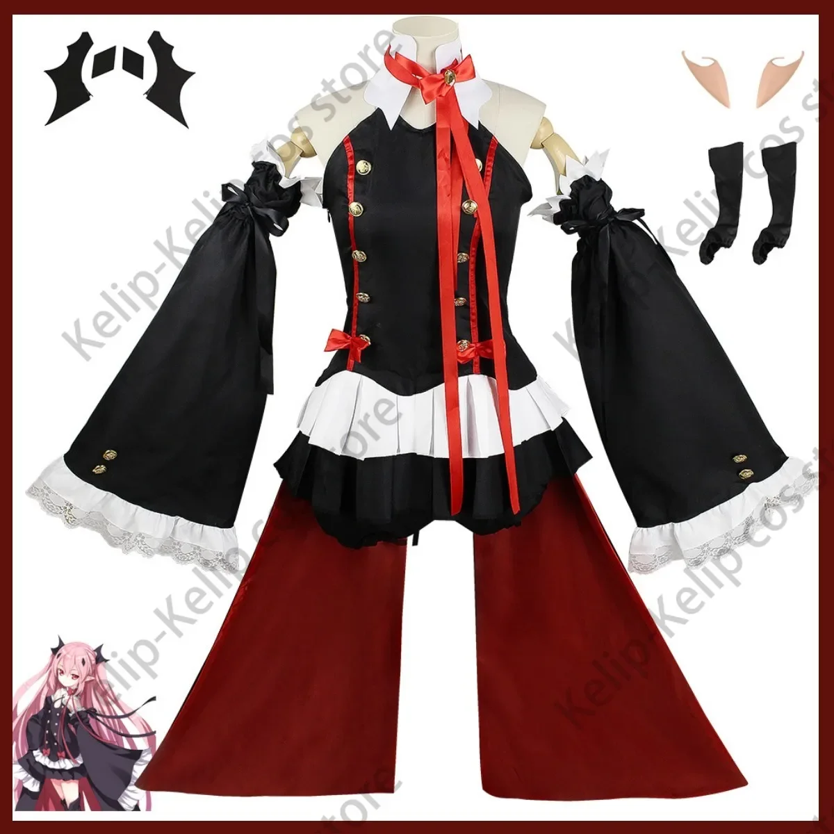 Disfraz de Anime Seraph of The End Krul Tepes para mujer, peluca de vampiro, vestido negro sin mangas, traje Sexy de Lolita para Halloween y Navidad