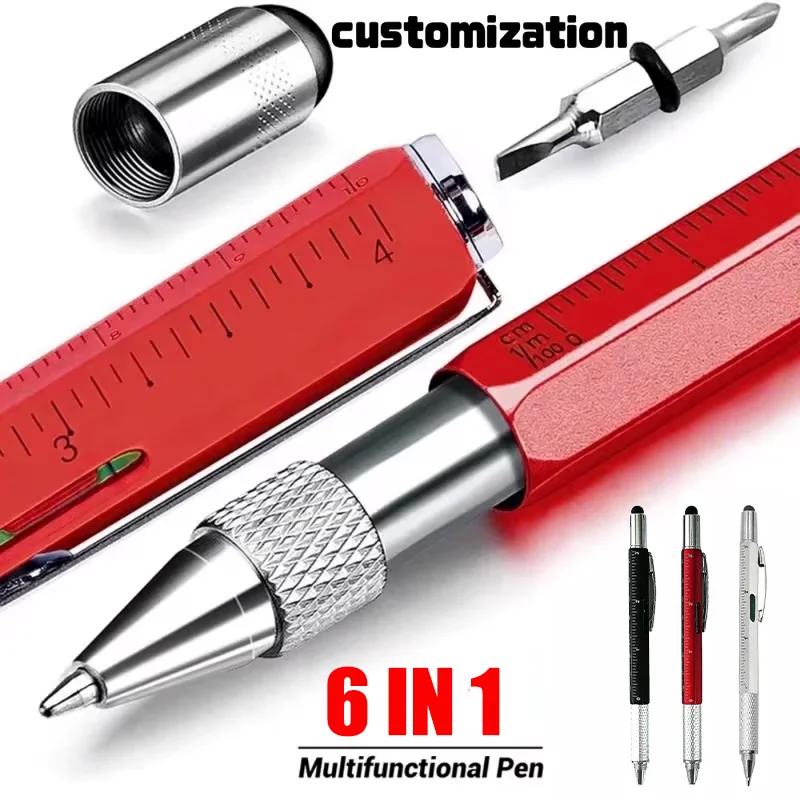 6 in 1 Multifunctional Stylus Pen Ballpoint with Ruler Screwdriver Level Gauge Capacitive Touch Screen Refillable Tool Pen