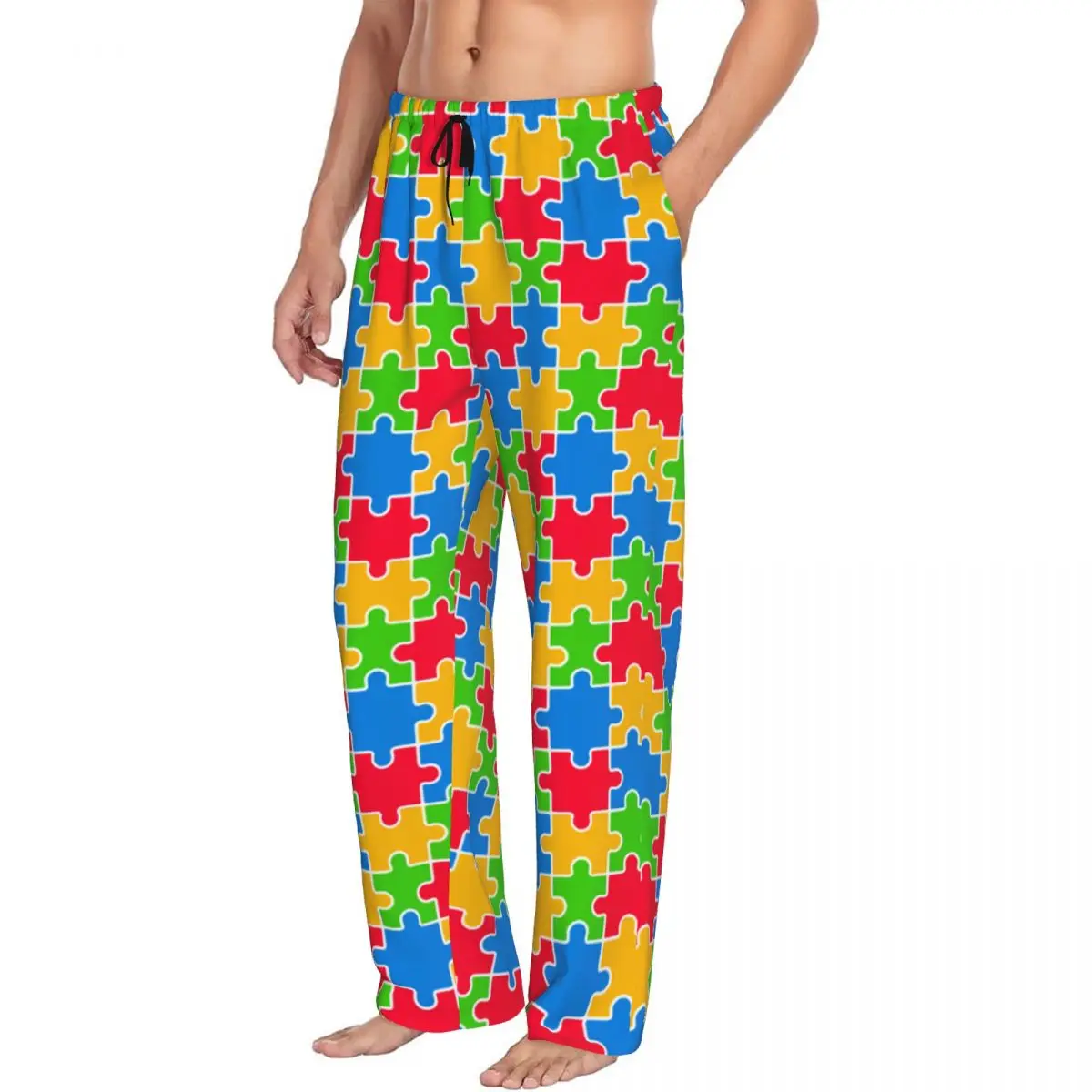 Calça de pijama quebra-cabeça colorida masculina, cintura elástica, fundo de lounge com bolsos, personalizada, consciência do autismo