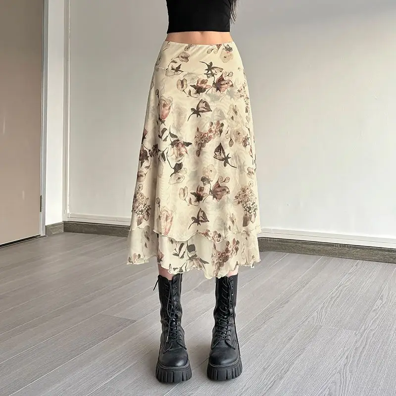 レディースファッション プリントミルクシルクスカート ローウエスト スリミング ホットガール ミッドレングス