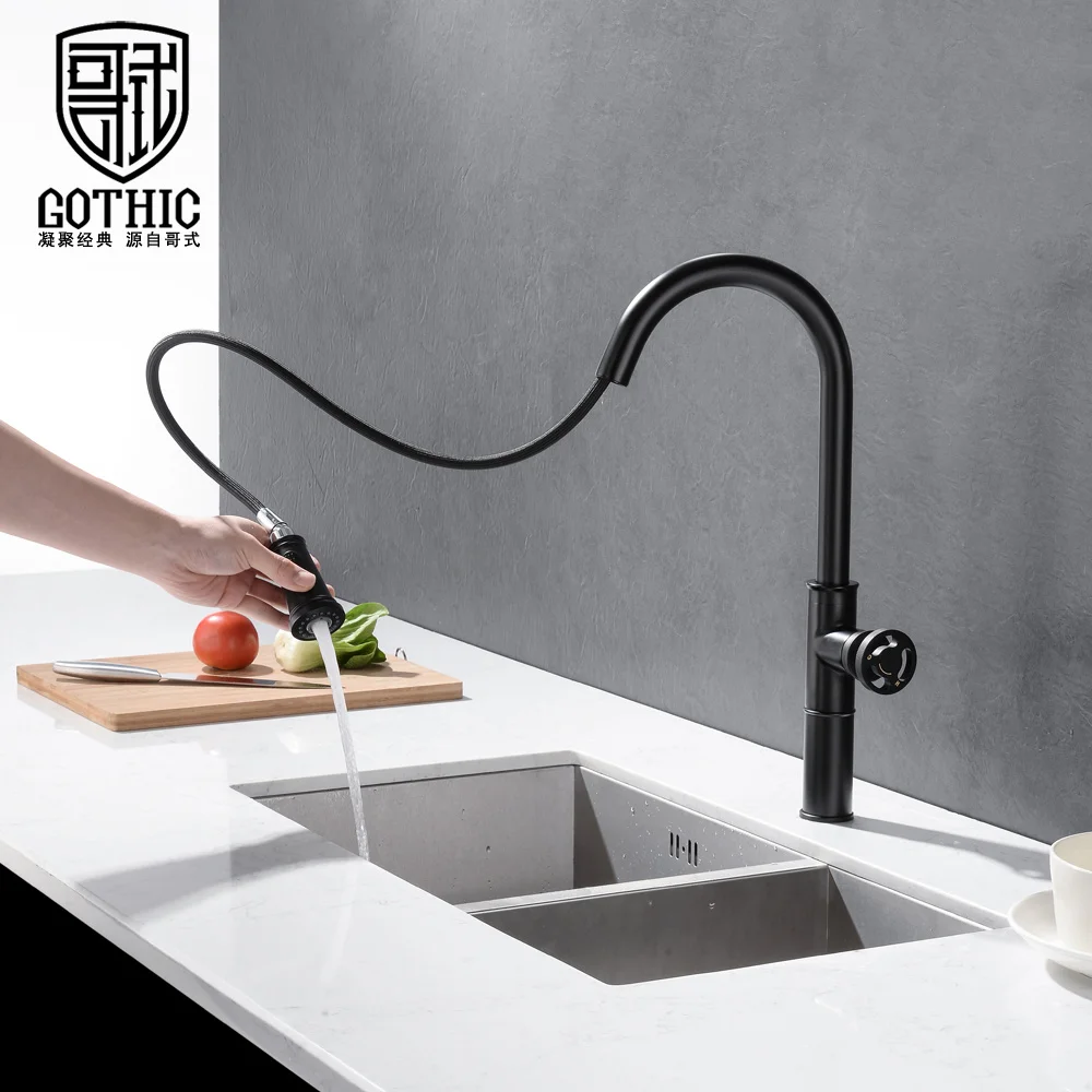 

Industrial Style Single Hole Pull Out Spout Brass Kitchen Faucet Black Sink Mixer Telescopic And Rotatable Stream Deck Mount Tap