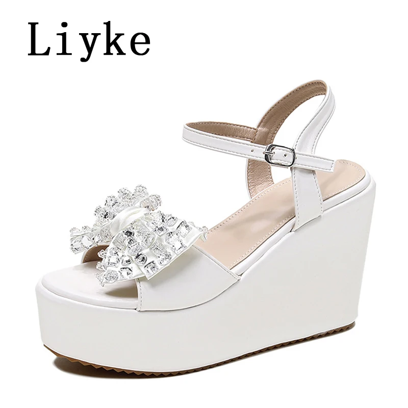 Liyke 2024 nuovi arrivi Crystal Bowknot Open Toe Platform sandali donna cinturino alla caviglia bianco zeppa tacchi alti scarpe estive femminili