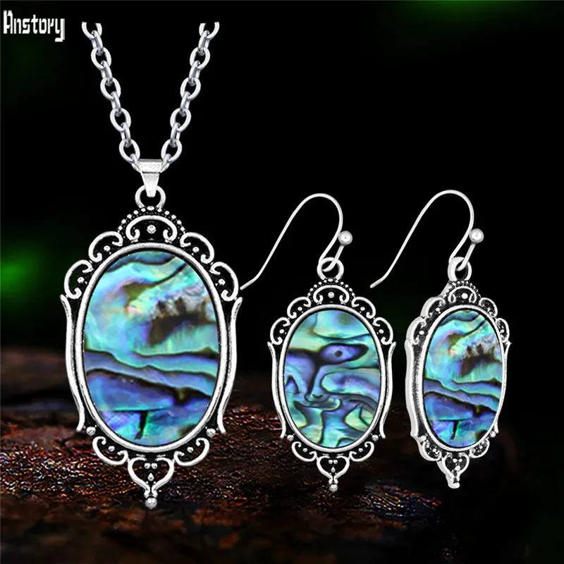 Vintage Look Semi Natural Shell Necklace Earring Sets For Women Antique Silver Plated Victoria Pendant Flower Fashon Jewelry