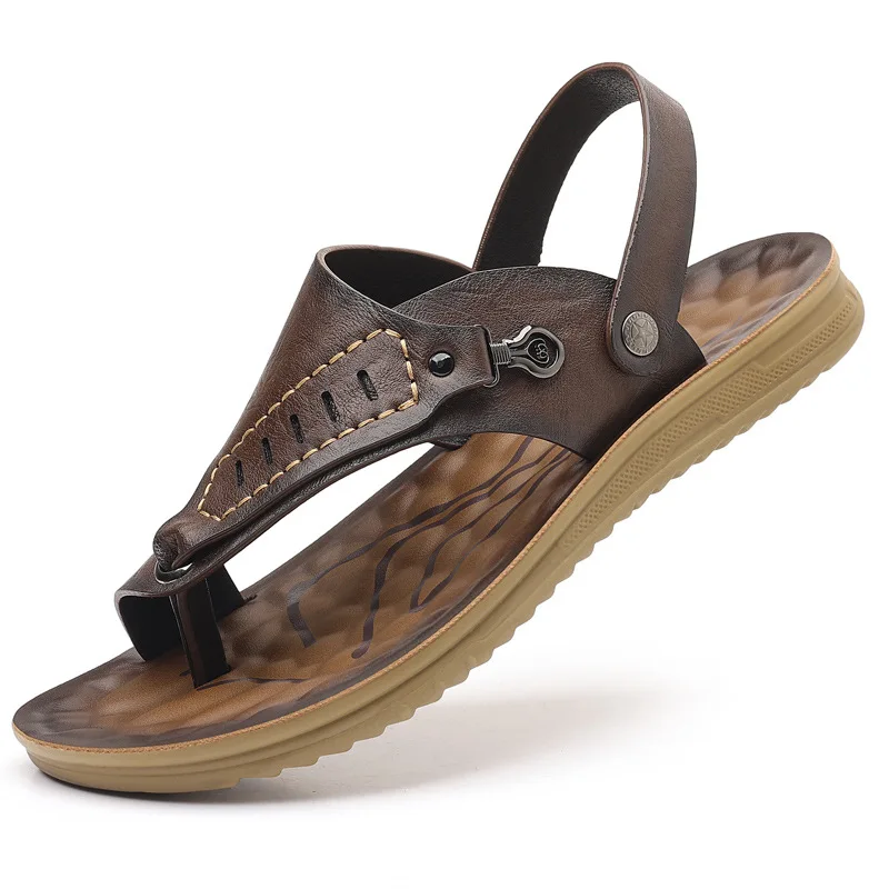 

2026 Summer New Flip-flops For Men Solid Color Fashion Casual Leather Sandals Male Soft-soled Anti-slip Beach Shoes Slippers Man