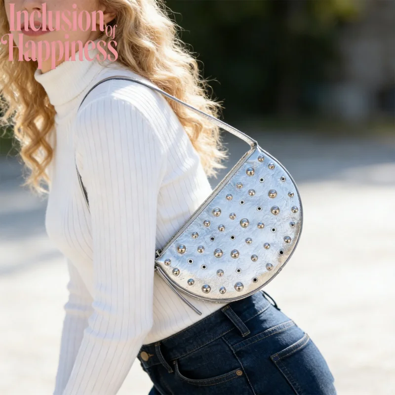 

Silver Black Pu Half Moon Shaped Shoulder Bag Retro Punk Style Adjustable Shoulder Strap High-end Feel Personalized Underarm Bag