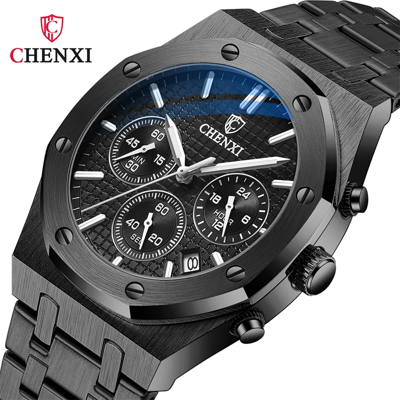 CHENXI 948 Top Luxury Brand Auto Date Wristwatch Mens Sport Waterproof Multi Function Chronograph Stainless Steel Wristwatches