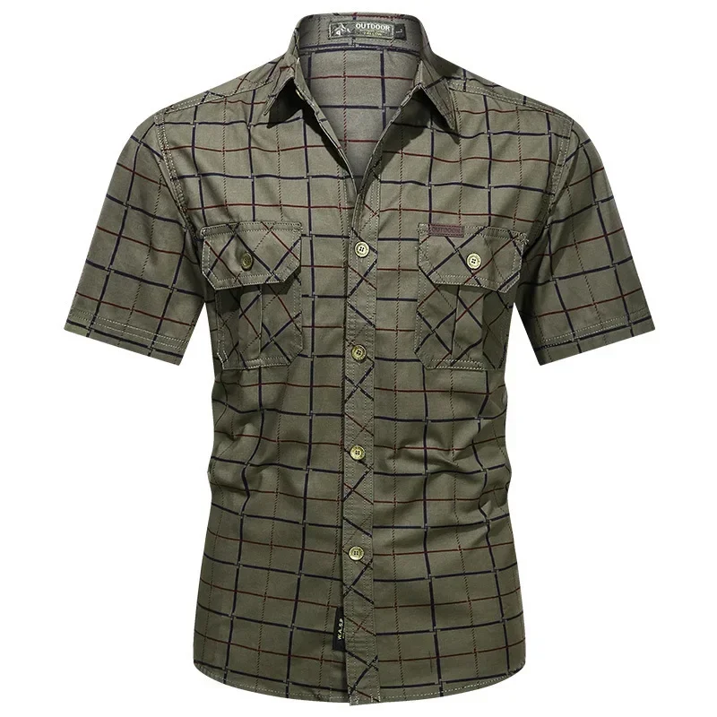 New Summer Men Short-sleeved Plaid Shirts Male Military Outdoor Multi-pockets Tooling Shirts Quality Man Large Size Shirts 5XL