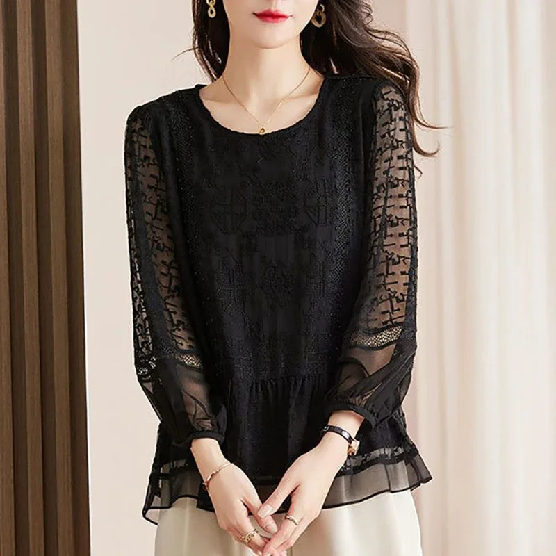 Elegant O-Neck Loose Embroidery Lantern Sleeve Blouse Women\'s Clothing 2023 Autumn New Oversized Casual Tops Office Lady Shirt