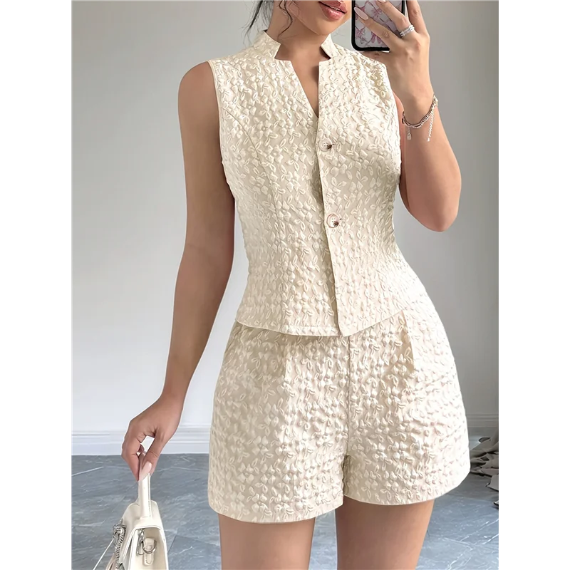 【SEE】 Ensembles deux pièces d'été pour femmes, haut court sans manches boutonné et short taille haute
