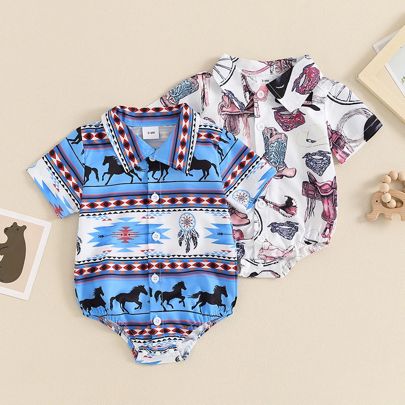 FOCUSNORM 0-18M Western Baby Boys Cute Romper Short Sleeve Button-down Horse Boots Print Summer Jumpsuits for Casual Daily