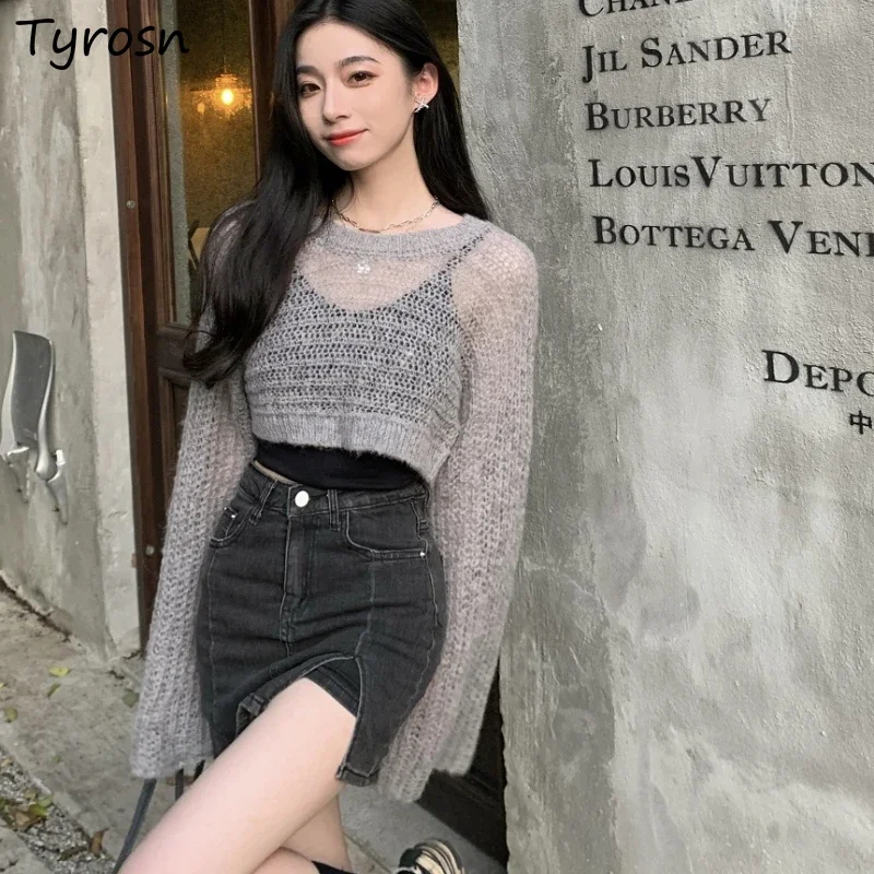

Pullovers Women Hollow Out See-through All-match Simple Sexy Design Ulzzang Hot Girls Daily Streetwear Fashion Spring Sweaters