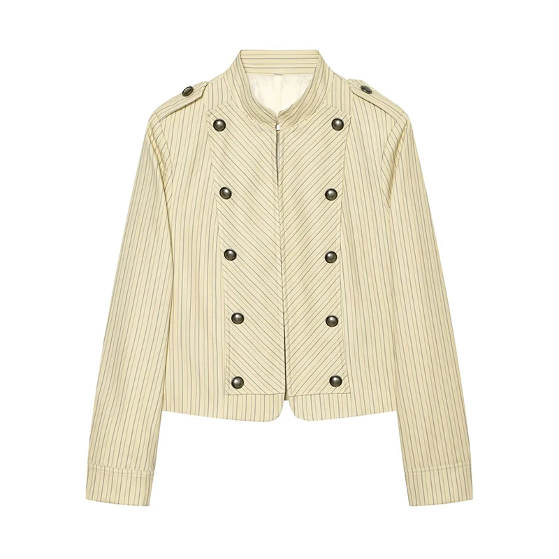 YENKYE New Fashion Women Striped Elegant Slim Crop Jacket  Front Button Decoration Long Sleeve Office Autumn Outerwear