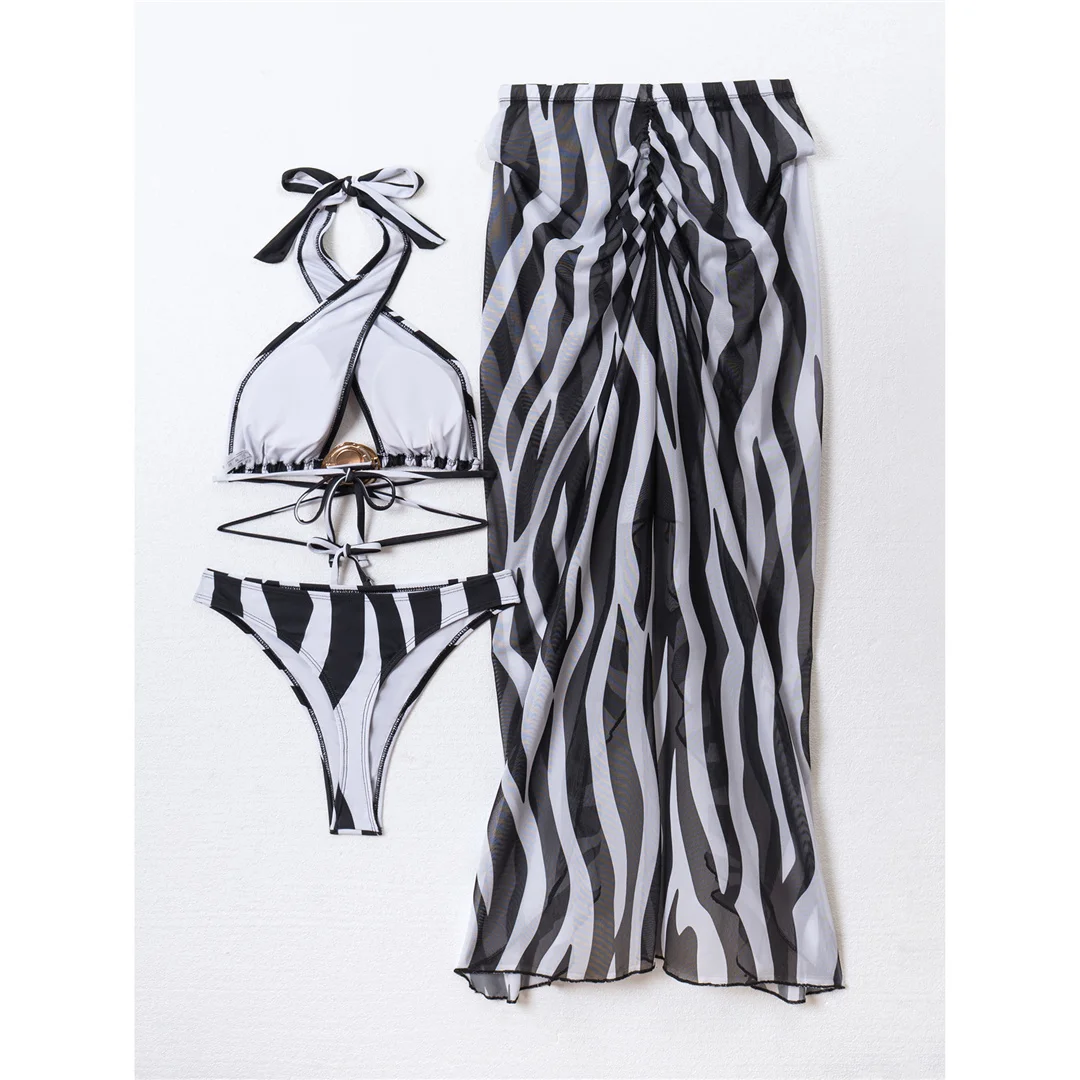 Zebra-Muster, gestreift, mit Rock, Bikini, Damen-Badebekleidung, dreiteiliges Bikini-Set, Badeanzug, Badebekleidung, Schwimmbekleidung V8088 – Detail 3