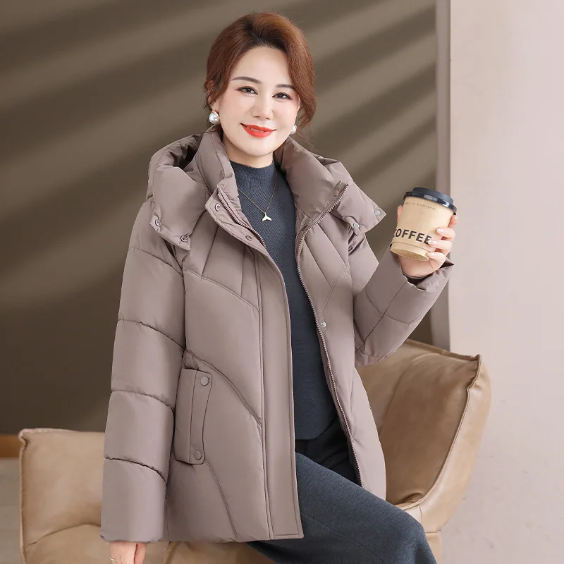 Women Hooded Puffer Coat Mid-Length Quilted Padded Jacket Snap Button Thickened Thermal Insulated Windproof Winter Outerwear