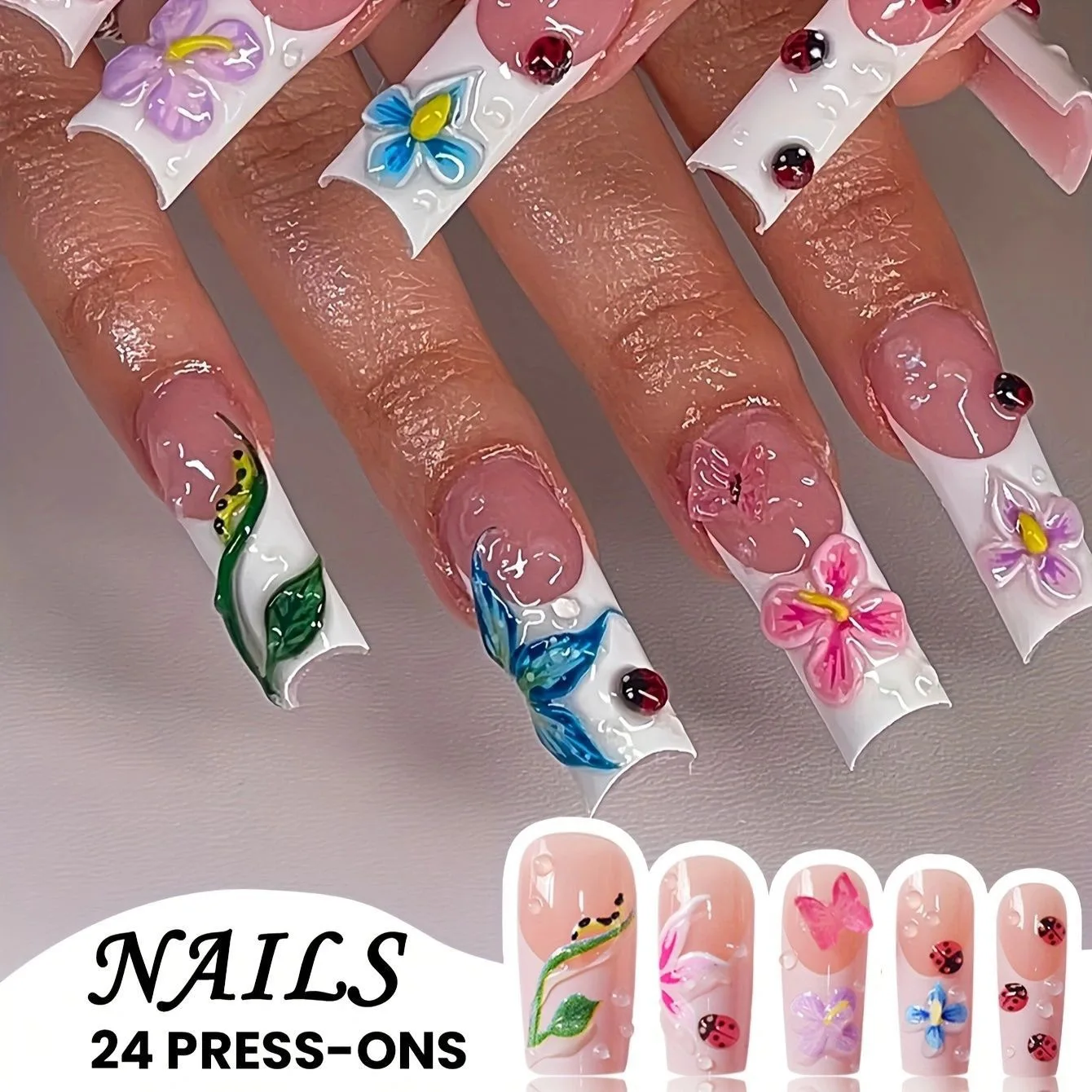 24枚入りロングスクエアヘッドパールピンクボウデザインバレエネイルシンプルホワイトフレンチプレスオンネイル装着可能フェイクネイル