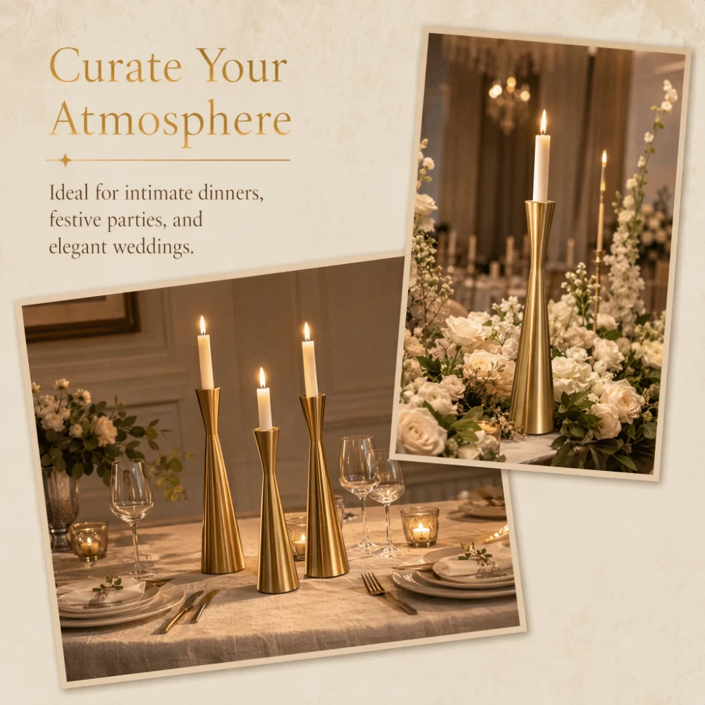 3pcs Aluminum Geometric Candle Holder 2.36in Gold Color Taper Candle Holder Large Medium Small Metal Candle Holder Wedding Decor