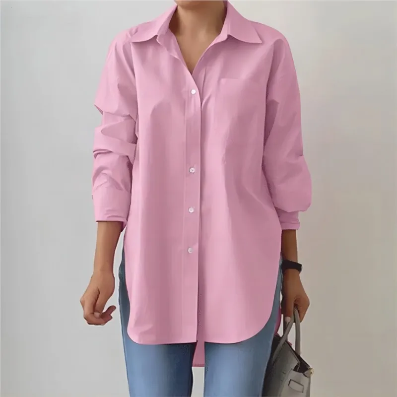 

Woman's Casual Irregular Hem Shirt Spring Autumn Fashion White Flip Collar Long Sleeves Single-row Buckle Top Lady Office Blouse