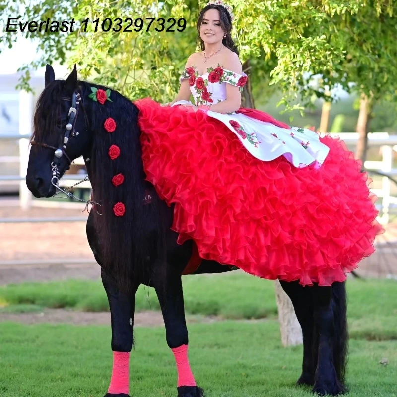 EVLAST Customized Mexican Charro Quinceanera Dress 3D Floral Embroidery Beaded Ruffles Corset Sweet 16 Vestido De 15 Anos TQD897