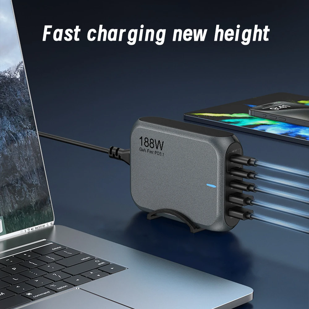 188W 데스크탑 GaN 충전기 PD3.1 140W QC3+ DCP SFCP UFCS PPS 3Type-C 2USB 미국 영국 EU KR AU 노트북 전화 이어폰 고속 충전