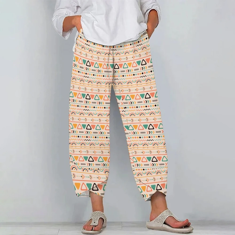 

Vibrant Geometric Patterned Trousers Multicolored Ethnic Prints Pants Stylish Boho Pants Geometric Prints Bohemian-Chic Trousers