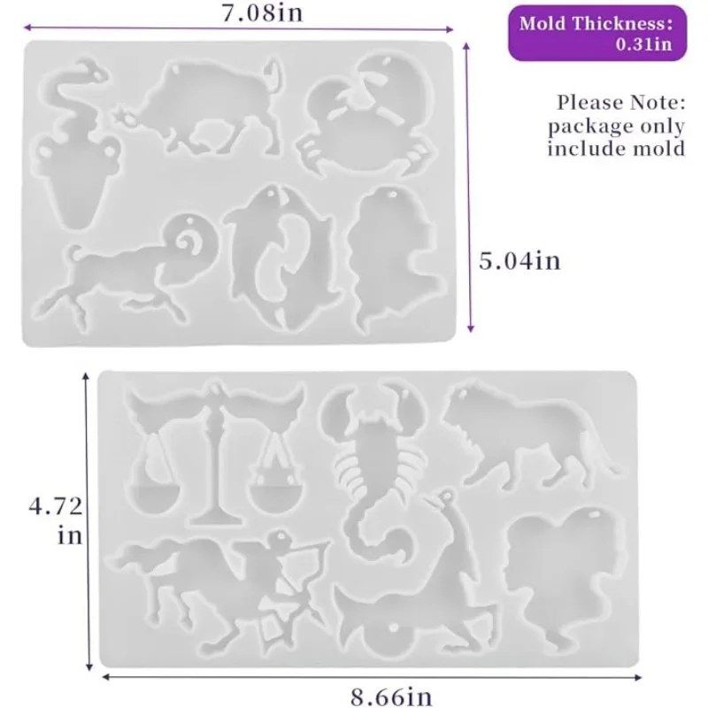 Zodiac Keychain Resin Molds, 12 Constellations Silicone Molds, Animal Star Sign Epoxy Resin Casting Molds with Holes for Keychai