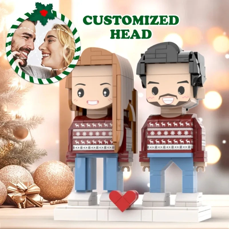 

Christmas Matching Couple Reindeer Custom Face Brick Figures Customizable Head 2 People Custom Brick Figures Building Blocks