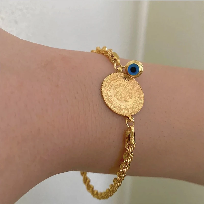 Muslim Islamic Money Coin Jewelry Bracelet Luxury Gold Plated Blue Eye Chain Bangles Arabic Middle East Trendy Wedding Gifts