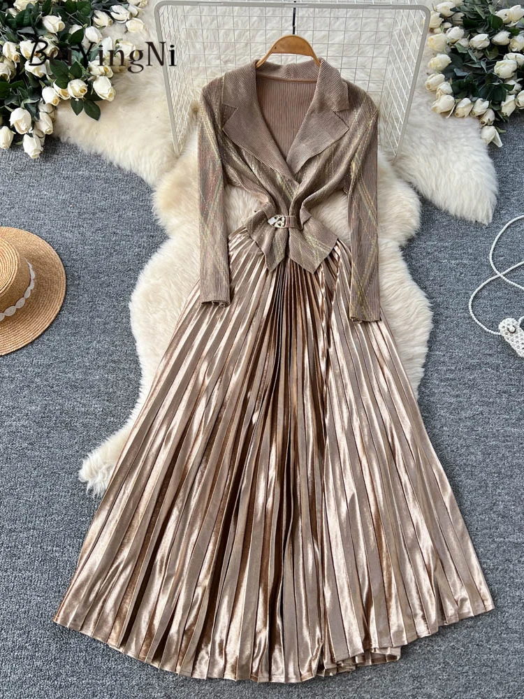 

Beiyingni, элитное роскошное женское длинное плиссированное платье с поясом, темпераментное повседневное платье с рюшами и длинными рукавами, женские вечерние платья