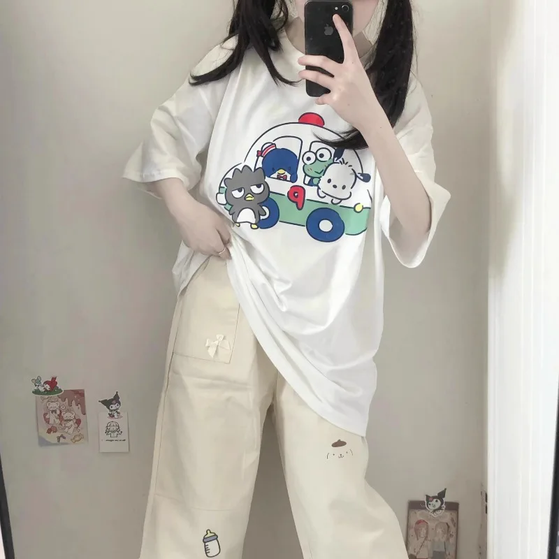 Summer New Original Homemade Japanese Cute Black and White Loose Versatile Shoulder Cartoon Printed T-Shirt Short Sleeves Girls