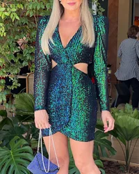 Women Chic Sequins Deep V-Neck Sexy Long Sleeves Hollow Waist Mini Party Dresses
